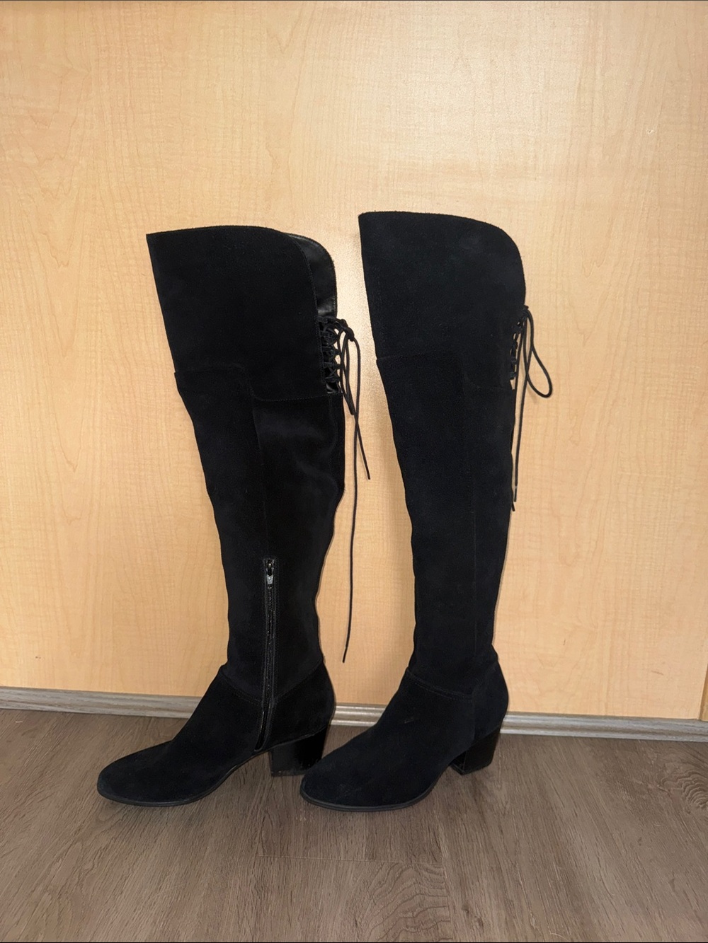 Black Over-the-Knee Lace-Back Suede Boots